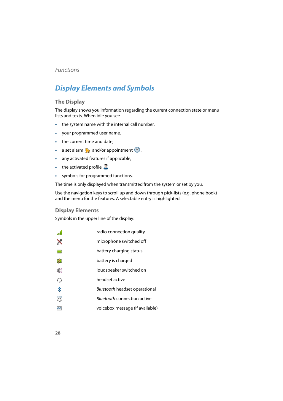 Display elements and symbols, The display, Display elements | The display display elements, Functions | AASTRA 600d for Aastra 800 and OpenCom 100 User Guide EN User Manual | Page 30 / 164