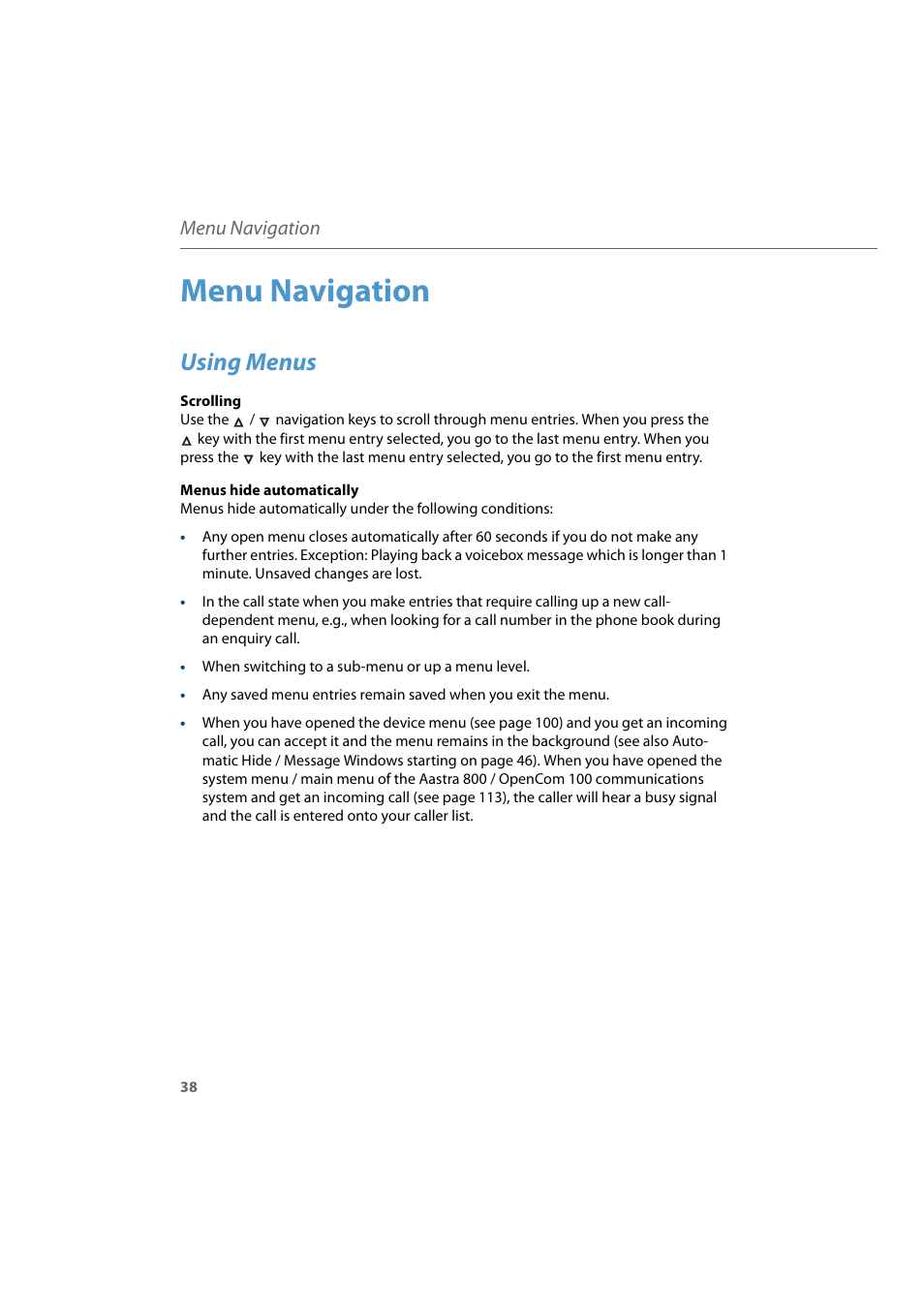 Menu navigation, Using menus | AASTRA 600d for Aastra 800 and OpenCom 100 User Guide EN User Manual | Page 40 / 164