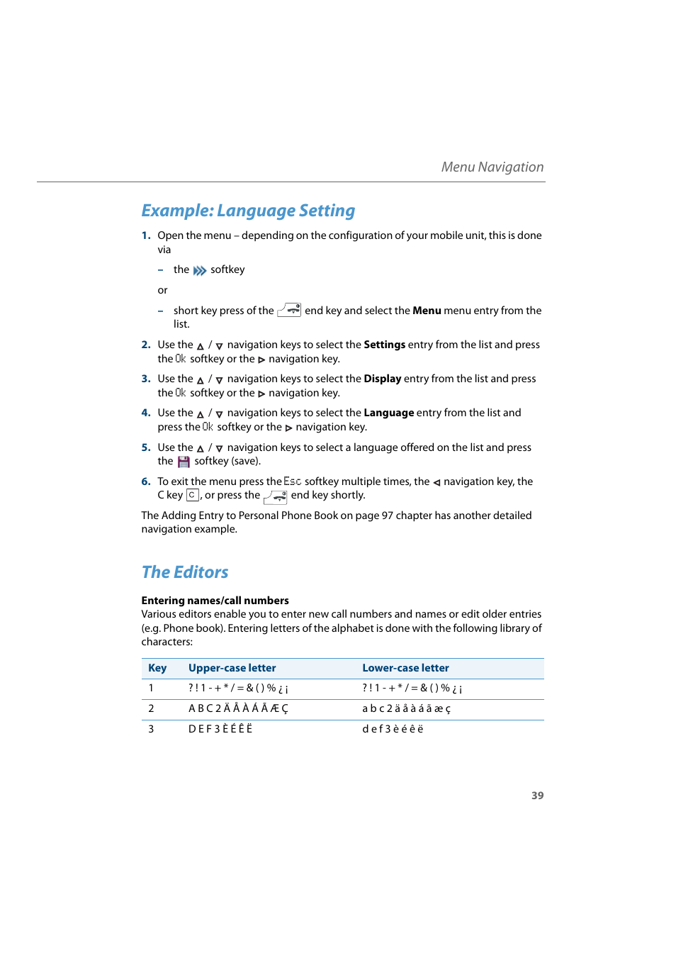 Example: language setting, The editors, Menu navigation | AASTRA 600d for Aastra 800 and OpenCom 100 User Guide EN User Manual | Page 41 / 164