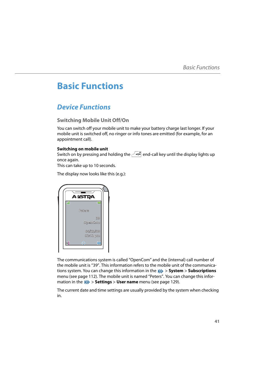 Basic functions, Device functions, Switching mobile unit off/on | AASTRA 600d for Aastra 800 and OpenCom 100 User Guide EN User Manual | Page 43 / 164
