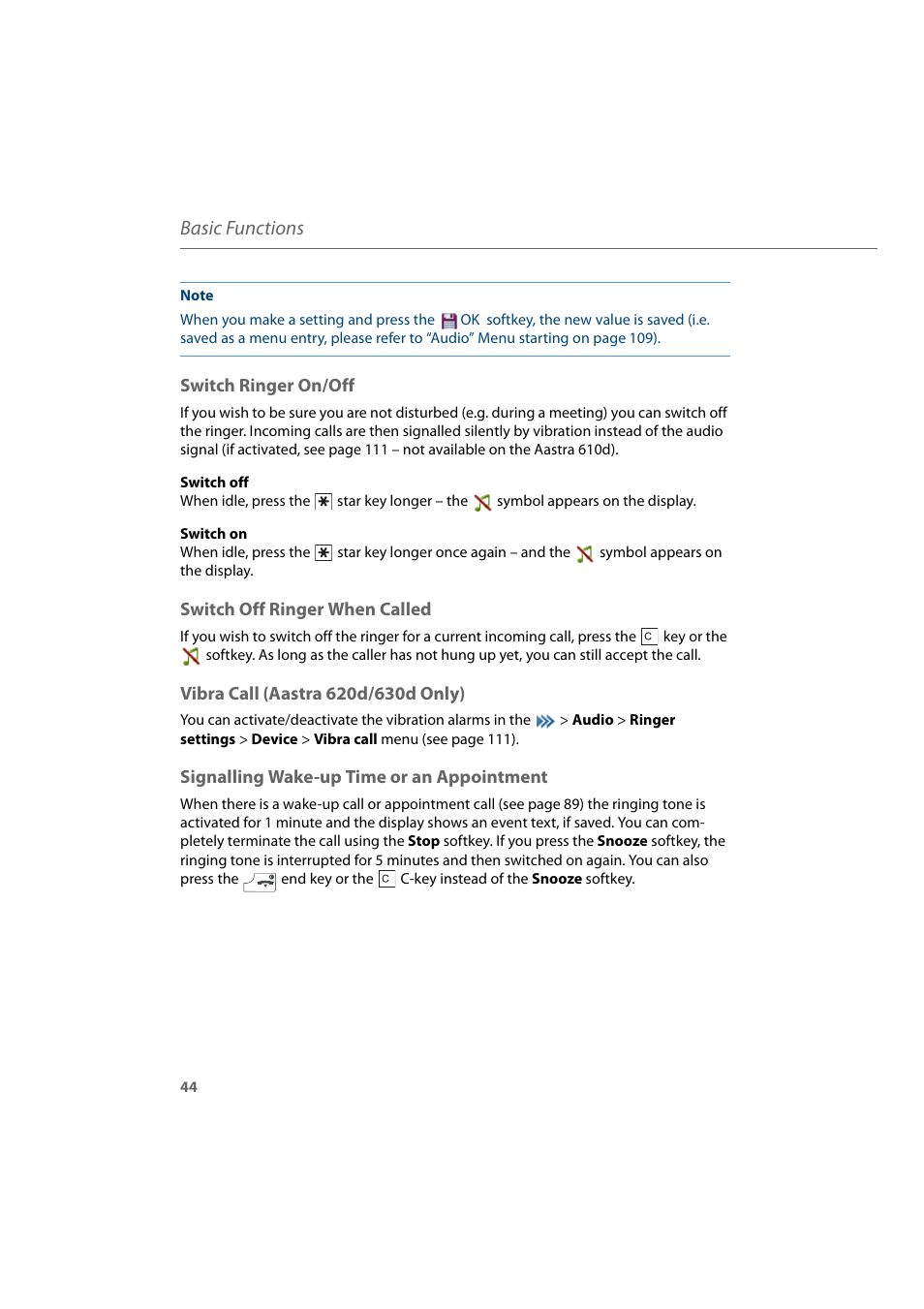 Switch ringer on/off, Switch off ringer when called, Vibra call (aastra 620d/630d only) | Signalling wake-up time or an appointment, Basic functions | AASTRA 600d for Aastra 800 and OpenCom 100 User Guide EN User Manual | Page 46 / 164