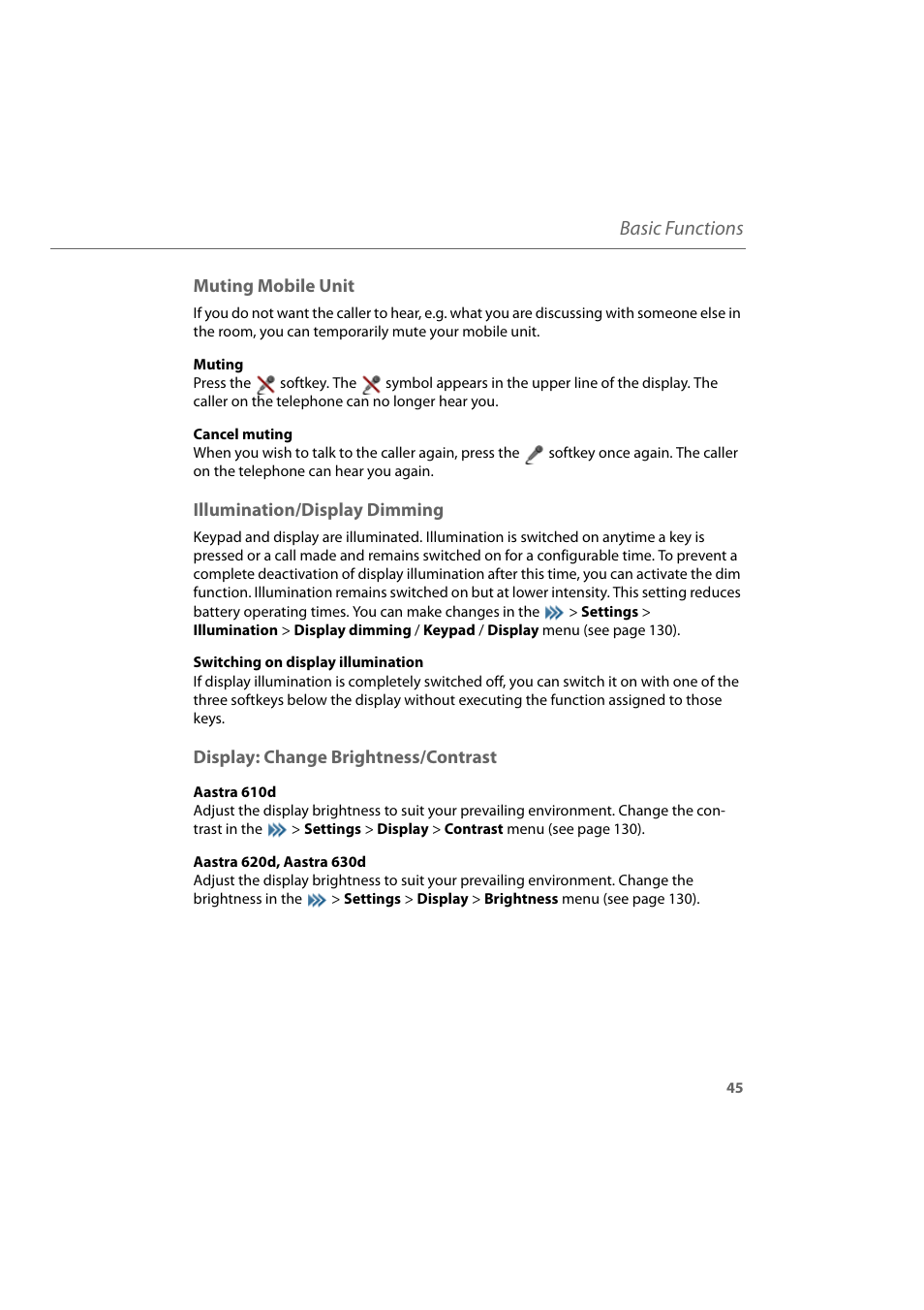 Muting mobile unit, Illumination/display dimming, Display: change brightness/contrast | Basic functions | AASTRA 600d for Aastra 800 and OpenCom 100 User Guide EN User Manual | Page 47 / 164