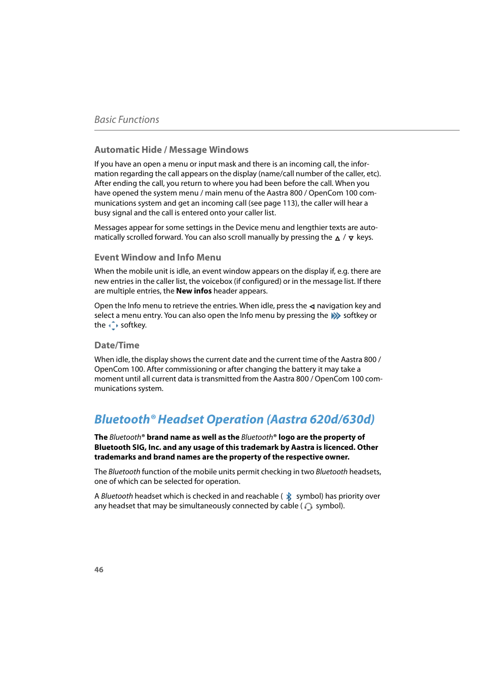 Automatic hide / message windows, Event window and info menu, Date/time | Bluetooth® headset operation (aastra 620d/630d), Event window and info menu date/time, Bluetooth ® headset, Basic functions | AASTRA 600d for Aastra 800 and OpenCom 100 User Guide EN User Manual | Page 48 / 164