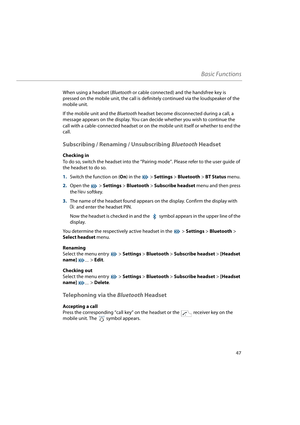 Telephoning via the bluetooth headset, Subscribing / renaming / unsubscribing bluetooth, Telephoning via the | Basic functions | AASTRA 600d for Aastra 800 and OpenCom 100 User Guide EN User Manual | Page 49 / 164