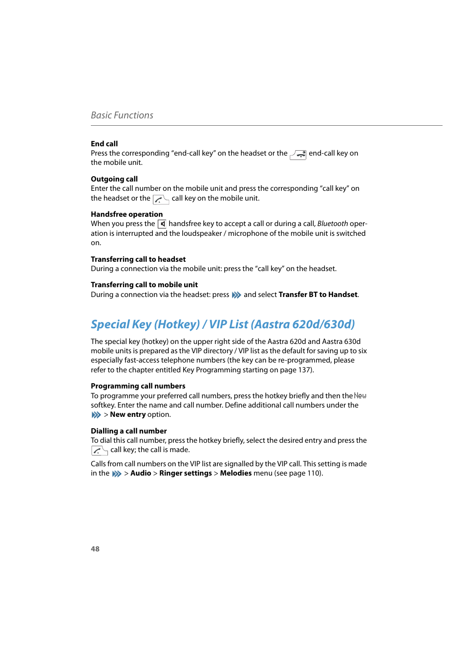 Special key (hotkey) / vip list (aastra 620d/630d), Basic functions | AASTRA 600d for Aastra 800 and OpenCom 100 User Guide EN User Manual | Page 50 / 164