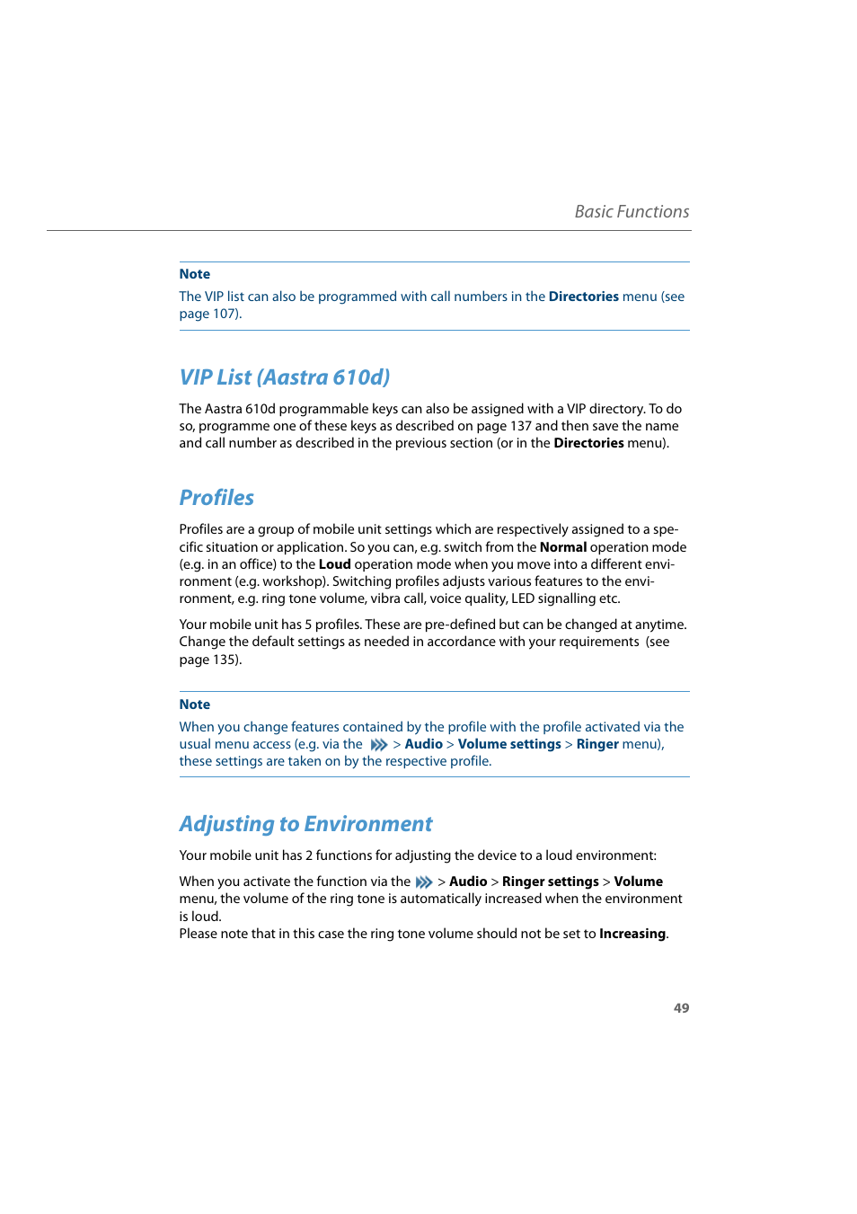 Vip list (aastra 610d), Profiles, Adjusting to environment | Basic functions | AASTRA 600d for Aastra 800 and OpenCom 100 User Guide EN User Manual | Page 51 / 164
