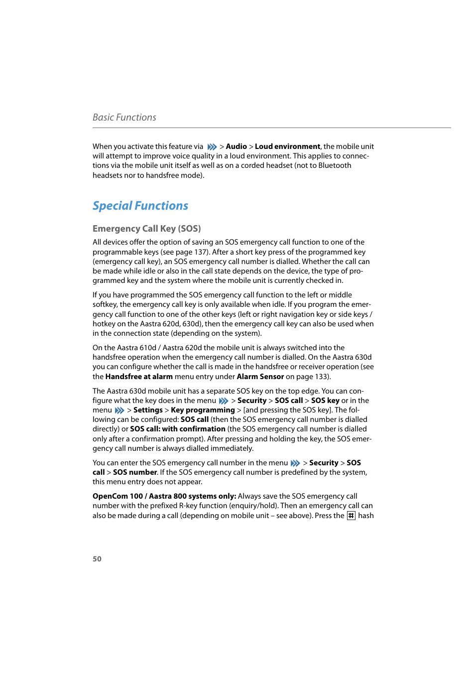 Special functions, Emergency call key (sos), Basic functions | AASTRA 600d for Aastra 800 and OpenCom 100 User Guide EN User Manual | Page 52 / 164