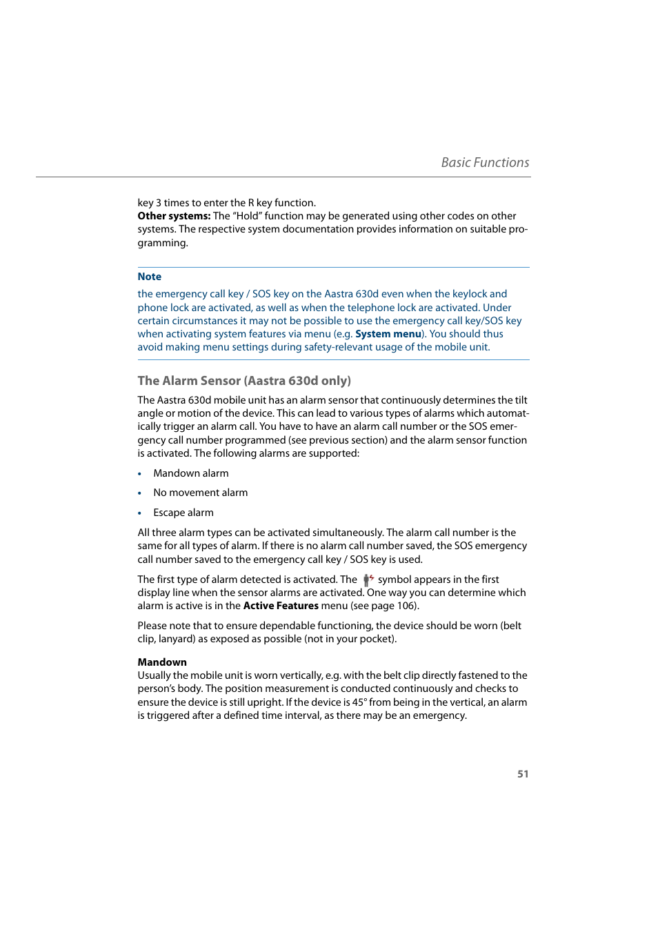 The alarm sensor (aastra 630d only), Basic functions | AASTRA 600d for Aastra 800 and OpenCom 100 User Guide EN User Manual | Page 53 / 164