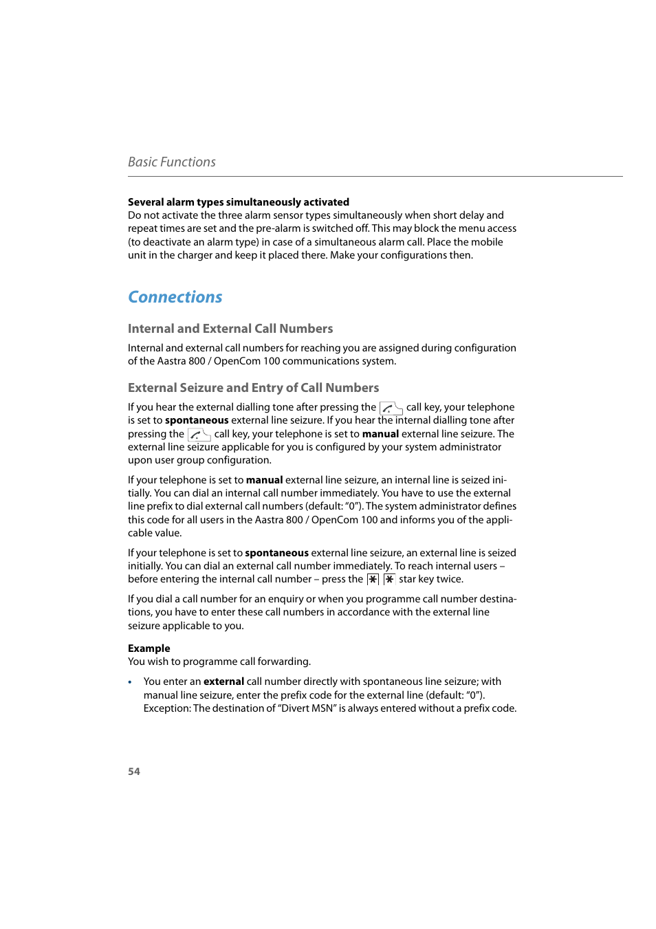 Connections, Internal and external call numbers, External seizure and entry of call numbers | Basic functions | AASTRA 600d for Aastra 800 and OpenCom 100 User Guide EN User Manual | Page 56 / 164