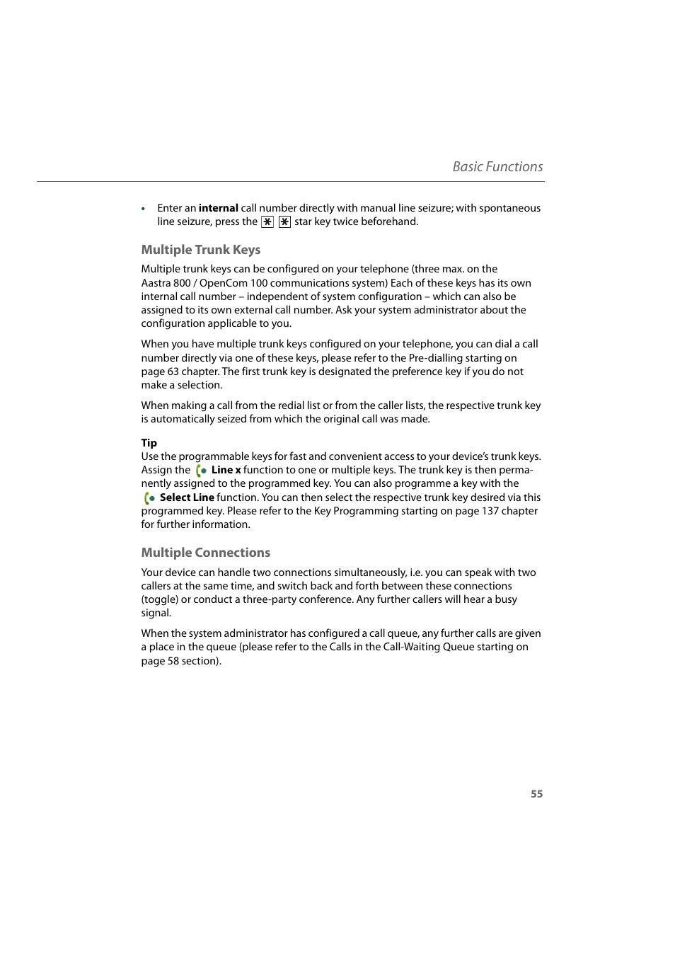 Multiple trunk keys, Multiple connections, Multiple trunk keys multiple connections | Basic functions | AASTRA 600d for Aastra 800 and OpenCom 100 User Guide EN User Manual | Page 57 / 164