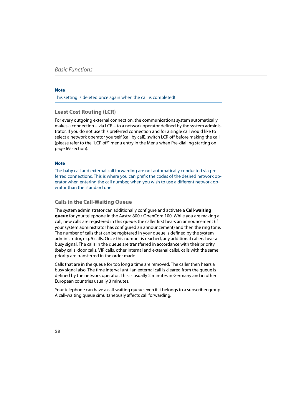 Least cost routing (lcr), Calls in the call-waiting queue, Basic functions | AASTRA 600d for Aastra 800 and OpenCom 100 User Guide EN User Manual | Page 60 / 164