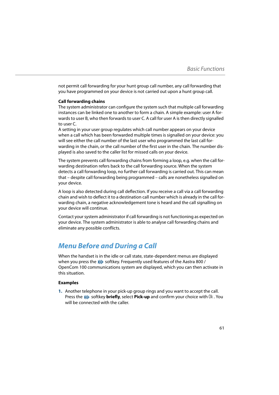 Menu before and during a call, Basic functions | AASTRA 600d for Aastra 800 and OpenCom 100 User Guide EN User Manual | Page 63 / 164