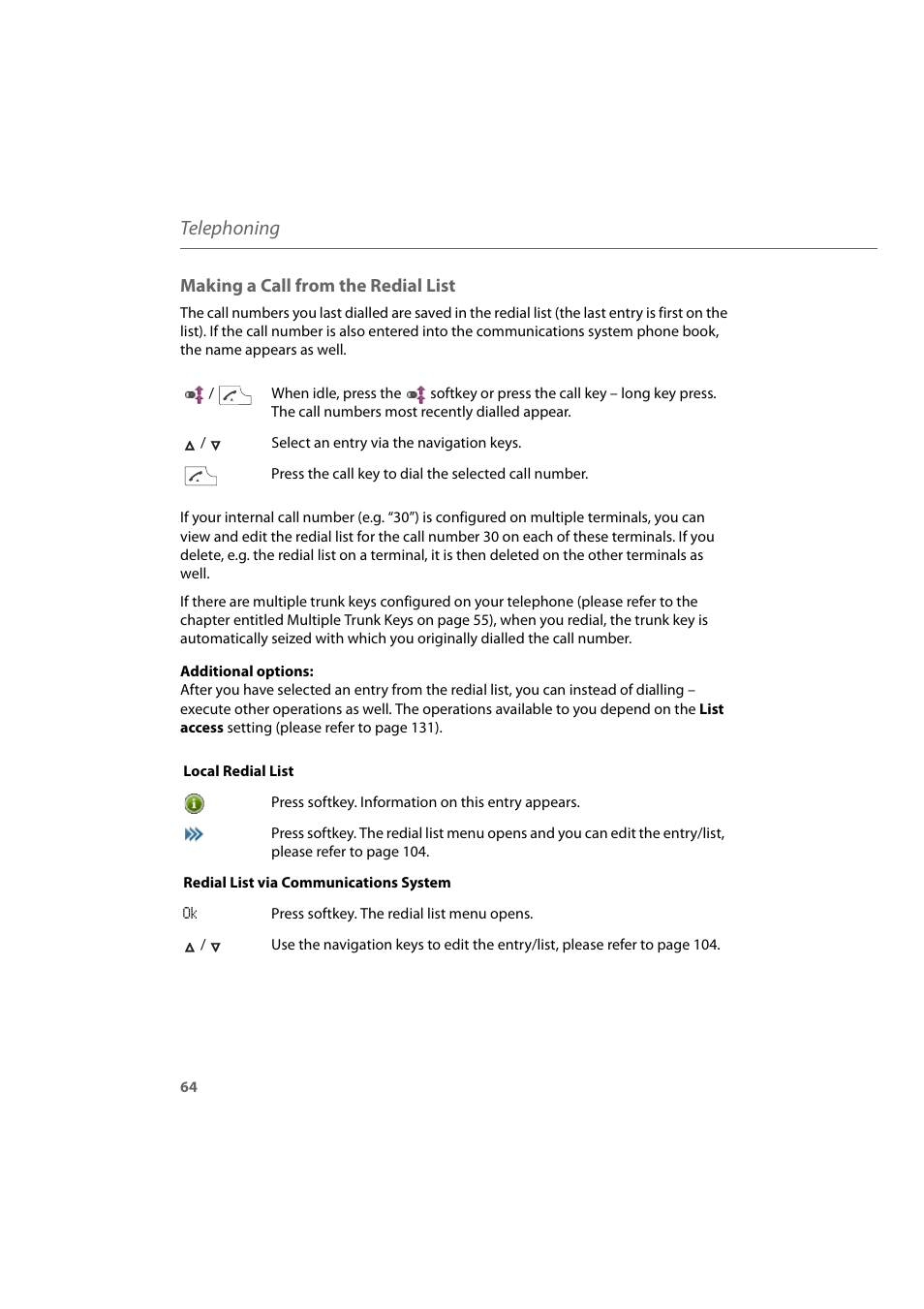 Making a call from the redial list, Telephoning | AASTRA 600d for Aastra 800 and OpenCom 100 User Guide EN User Manual | Page 66 / 164