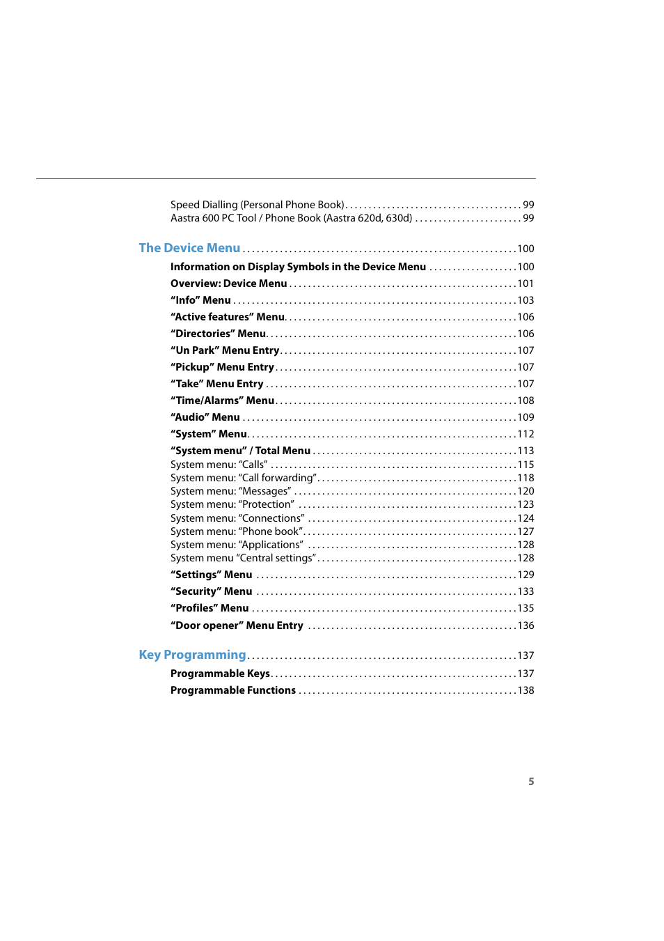 The device menu, Key programming | AASTRA 600d for Aastra 800 and OpenCom 100 User Guide EN User Manual | Page 7 / 164