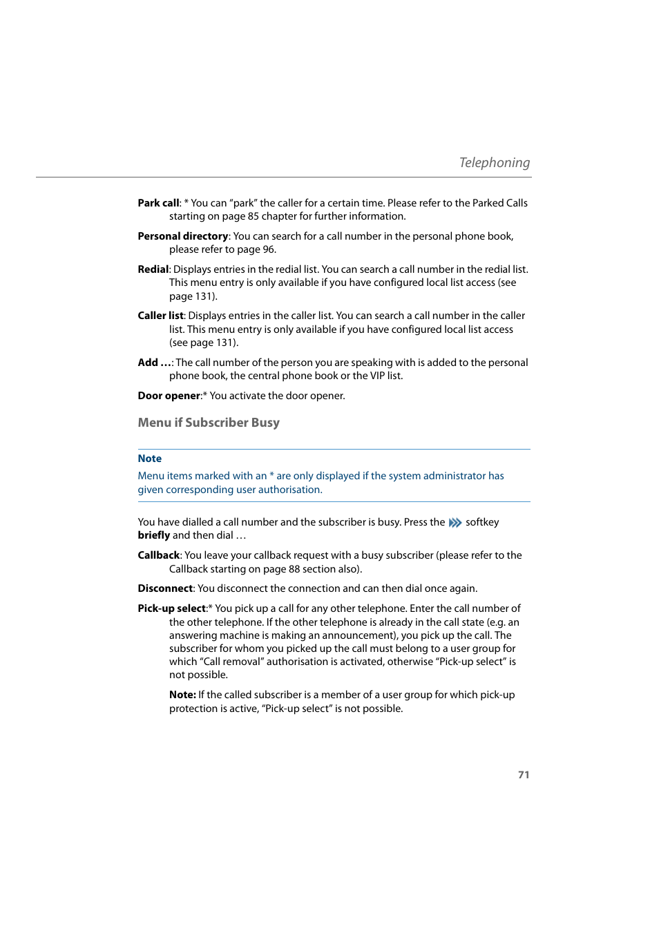 Menu if subscriber busy, Telephoning | AASTRA 600d for Aastra 800 and OpenCom 100 User Guide EN User Manual | Page 73 / 164