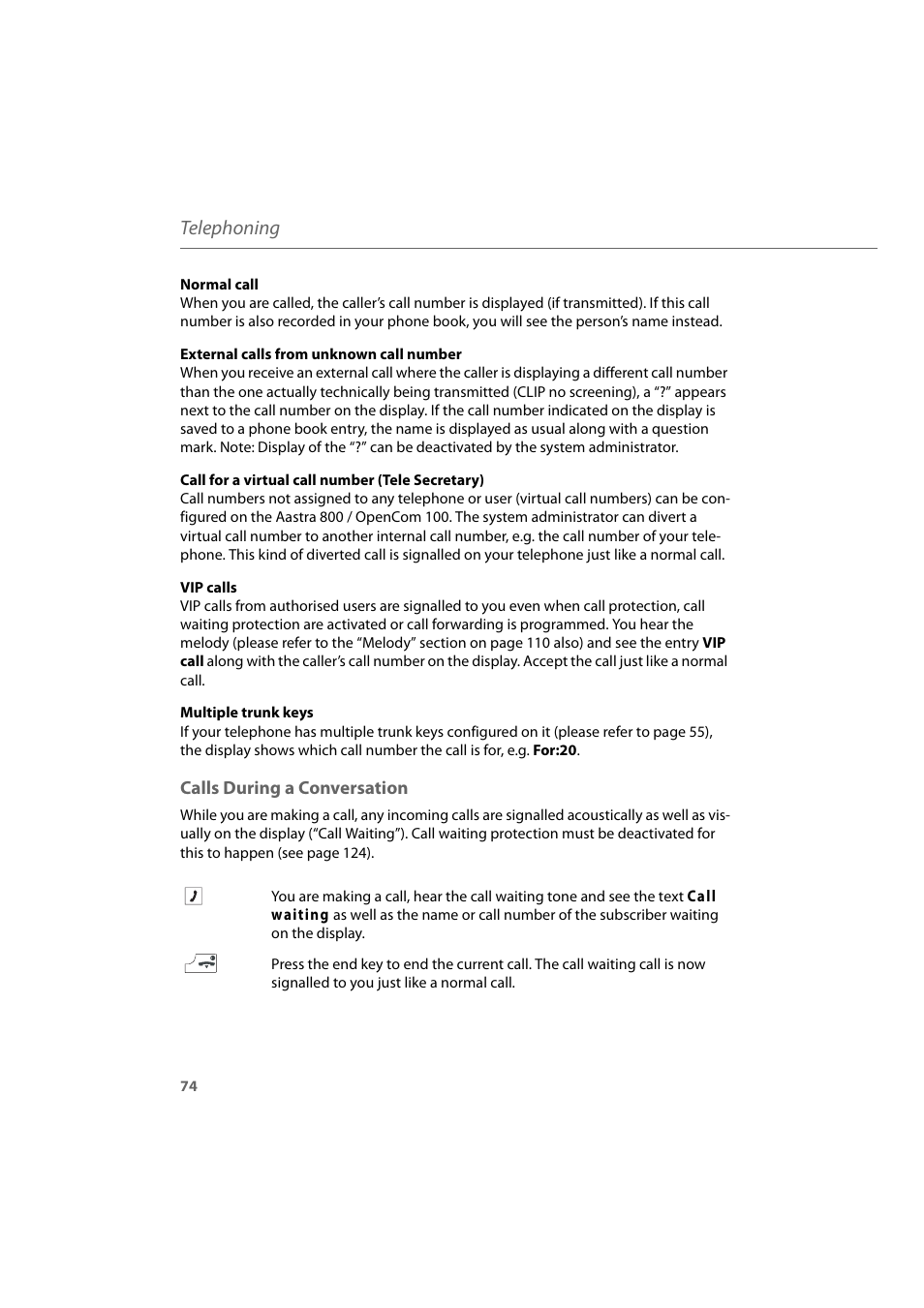 Calls during a conversation, Telephoning | AASTRA 600d for Aastra 800 and OpenCom 100 User Guide EN User Manual | Page 76 / 164