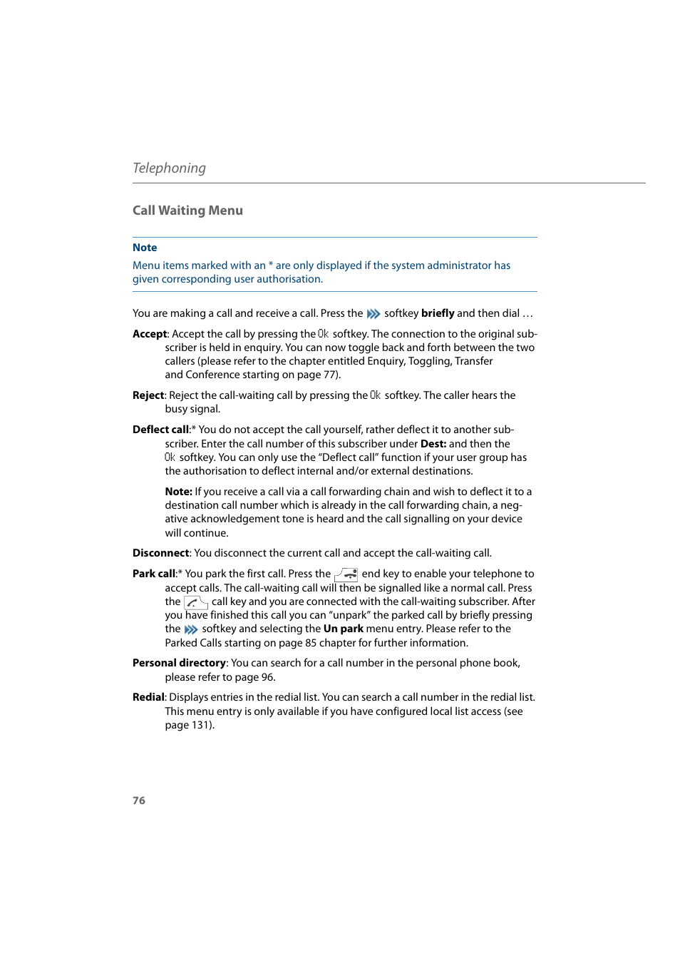 Call waiting menu, Telephoning | AASTRA 600d for Aastra 800 and OpenCom 100 User Guide EN User Manual | Page 78 / 164