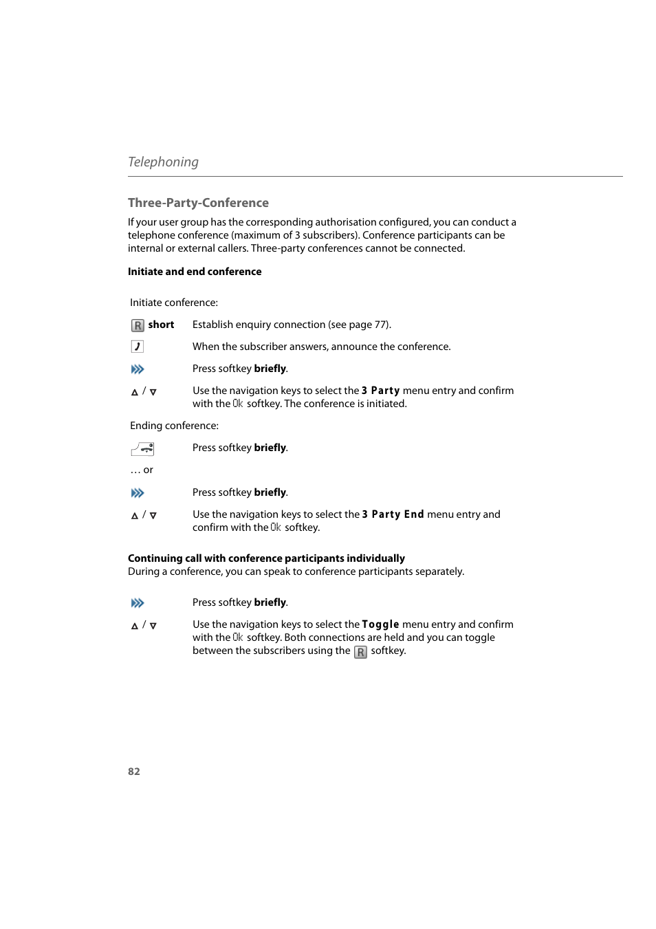 Three-party-conference, Telephoning | AASTRA 600d for Aastra 800 and OpenCom 100 User Guide EN User Manual | Page 84 / 164
