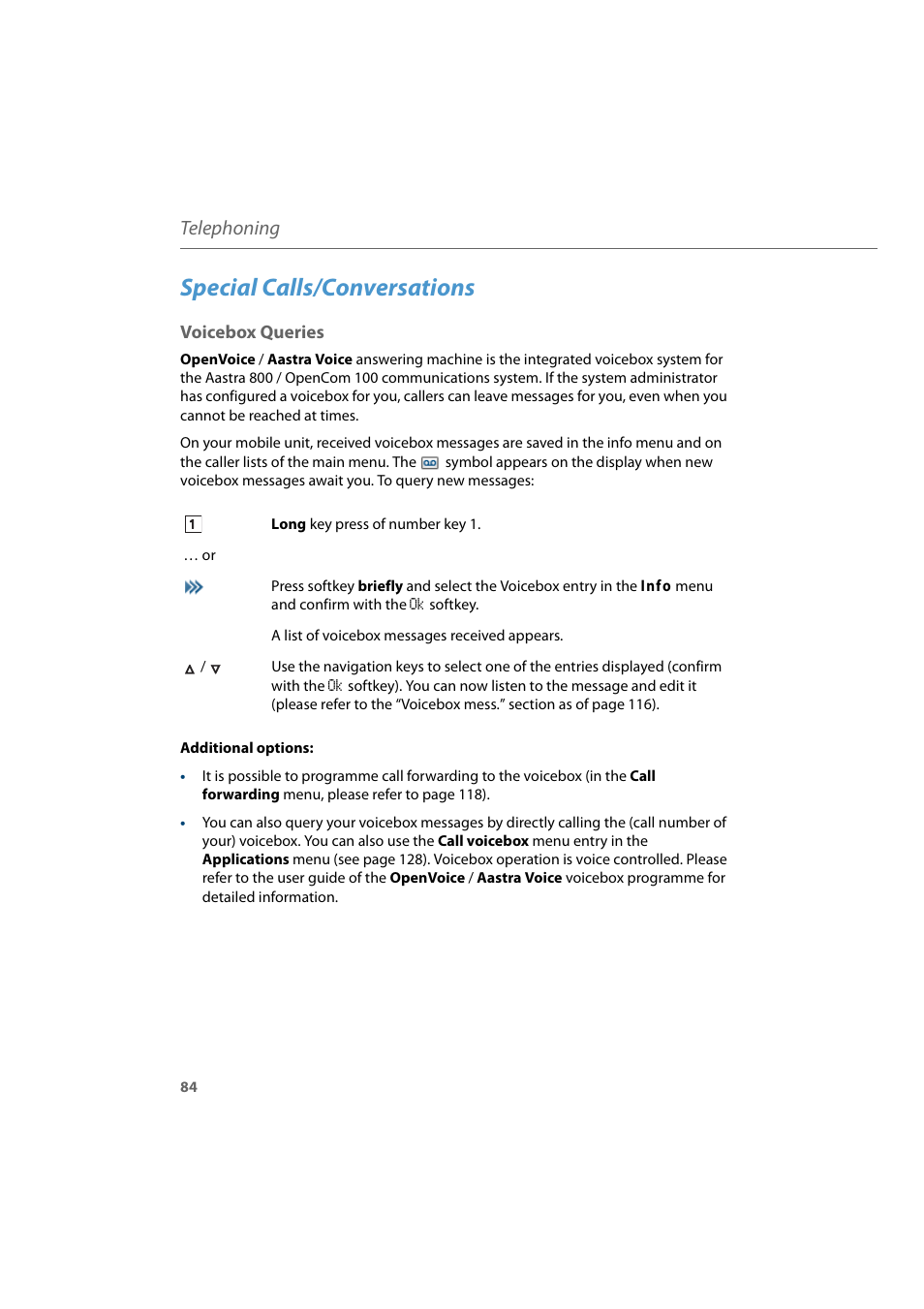 Special calls/conversations, Voicebox queries, Telephoning | AASTRA 600d for Aastra 800 and OpenCom 100 User Guide EN User Manual | Page 86 / 164