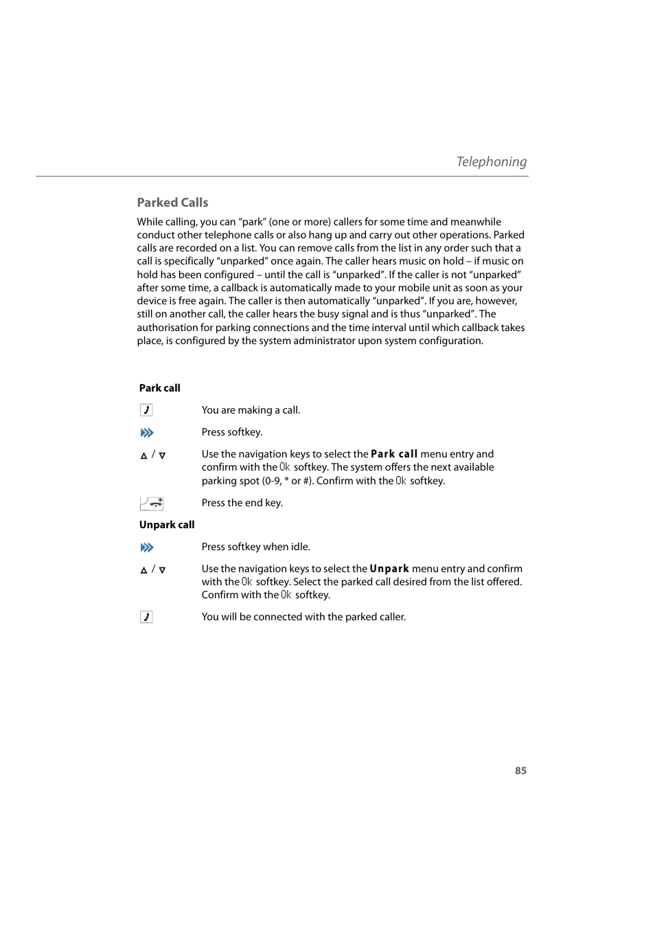 Parked calls, The parked calls starting, Telephoning | AASTRA 600d for Aastra 800 and OpenCom 100 User Guide EN User Manual | Page 87 / 164