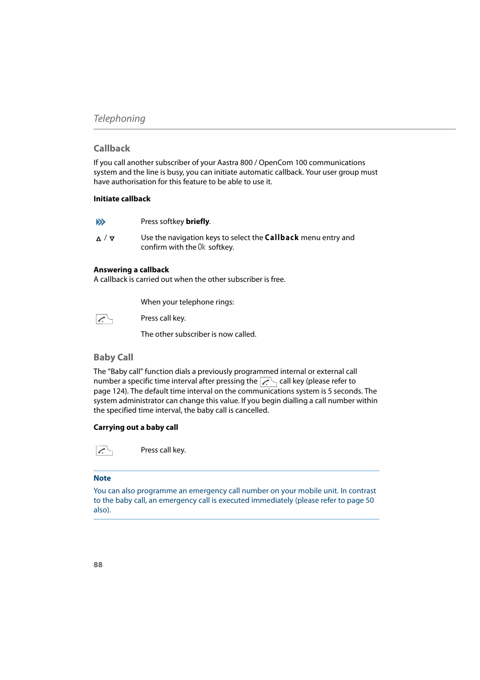 Callback, Baby call, Callback baby call | Telephoning | AASTRA 600d for Aastra 800 and OpenCom 100 User Guide EN User Manual | Page 90 / 164