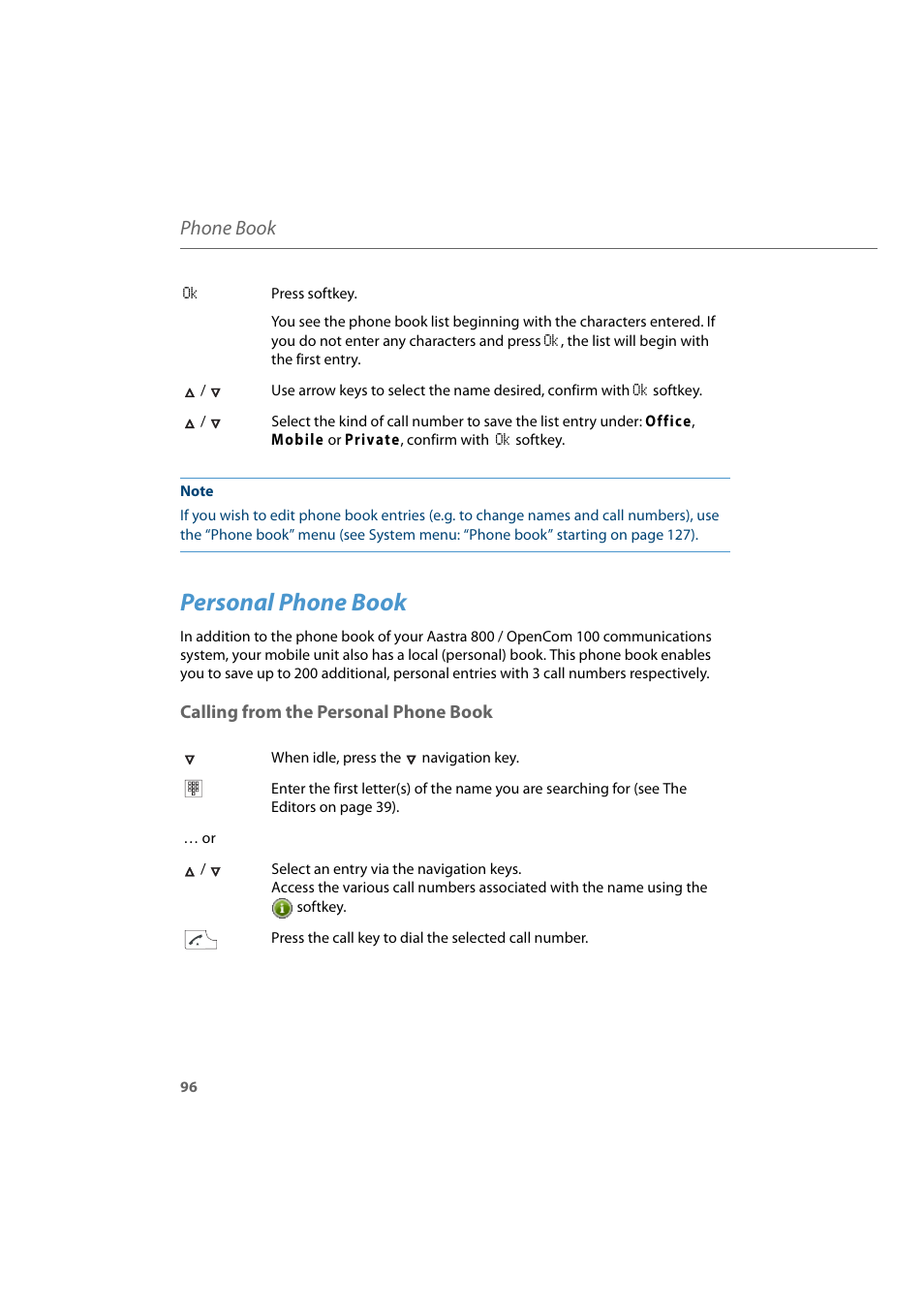 Personal phone book, Calling from the personal phone book, Phone book | AASTRA 600d for Aastra 800 and OpenCom 100 User Guide EN User Manual | Page 98 / 164