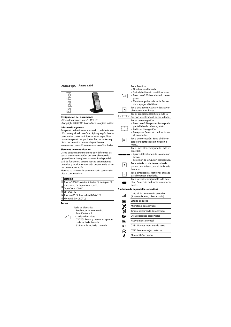 Español | AASTRA 620d for Aastra 400 Quick User Guide User Manual | Page 10 / 30