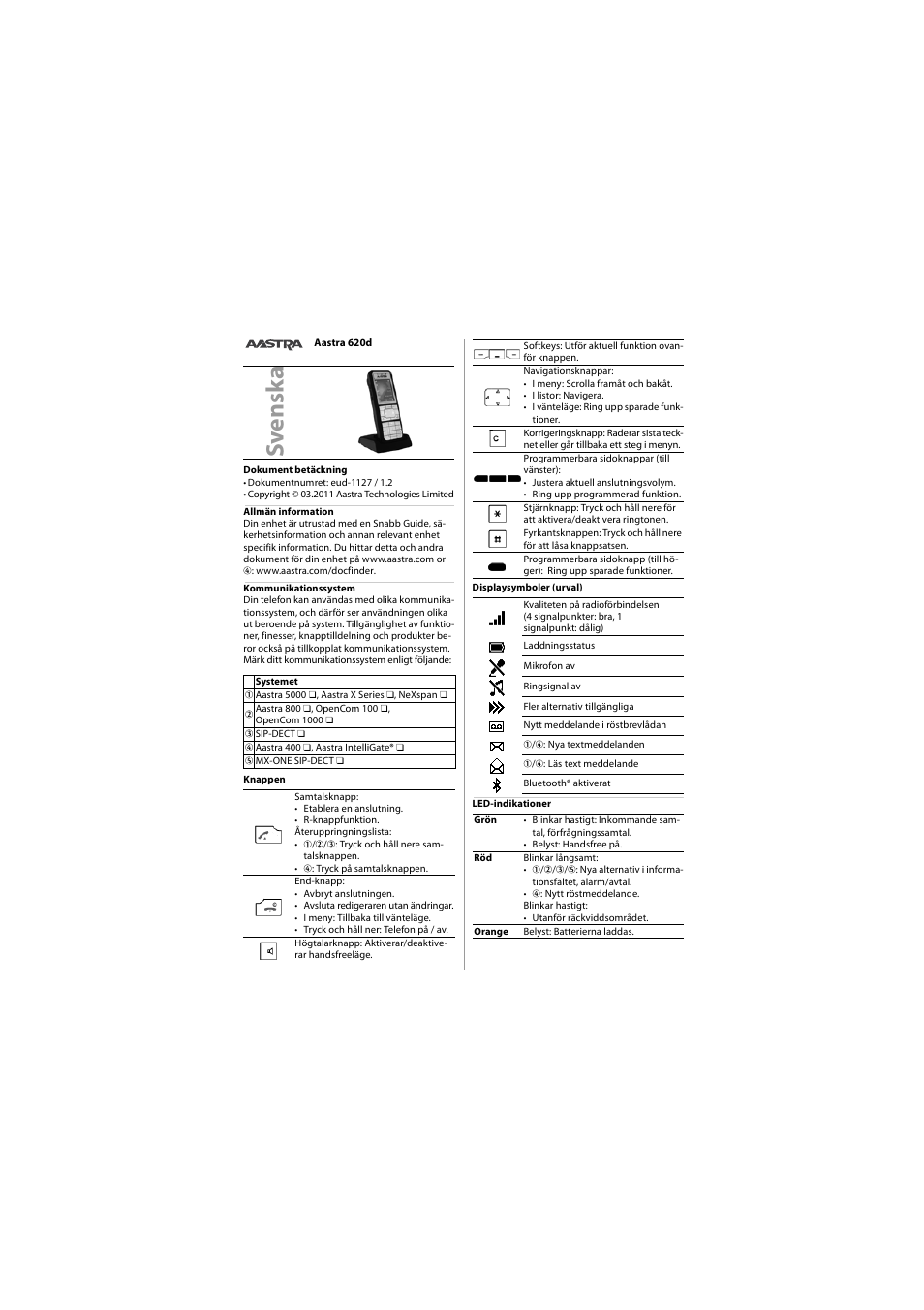 Svenska, Sve n sk a | AASTRA 620d for Aastra 400 Quick User Guide User Manual | Page 18 / 30