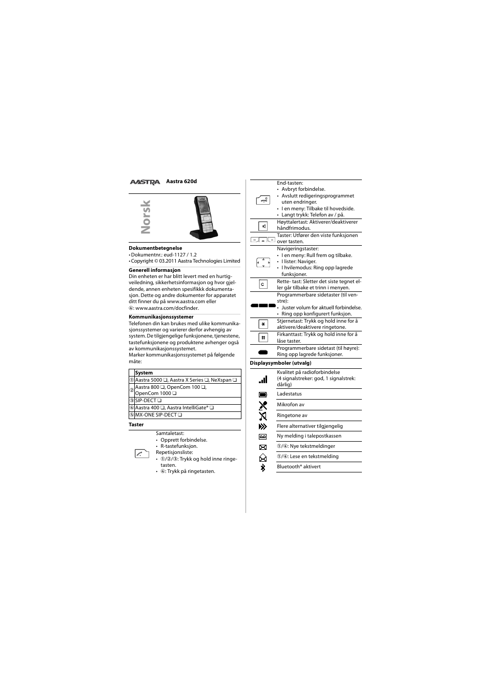 Norsk, Nor sk | AASTRA 620d for Aastra 400 Quick User Guide User Manual | Page 20 / 30
