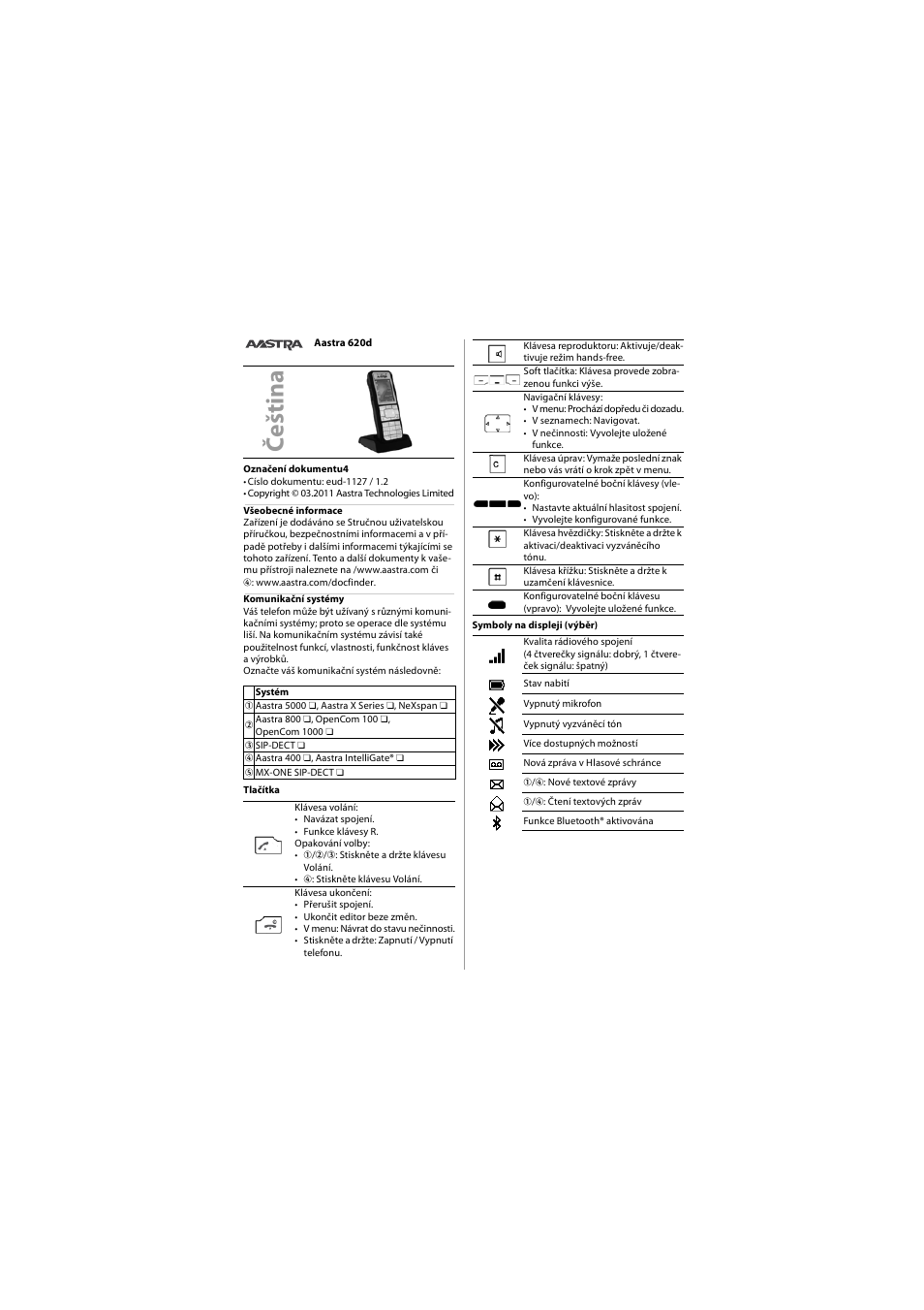 Čeština, Če ština | AASTRA 620d for Aastra 400 Quick User Guide User Manual | Page 24 / 30