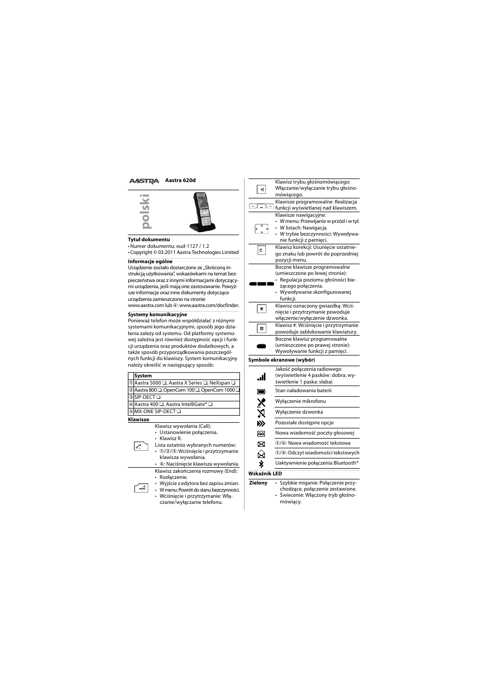 Polski, Pol sk i | AASTRA 620d for Aastra 400 Quick User Guide User Manual | Page 26 / 30
