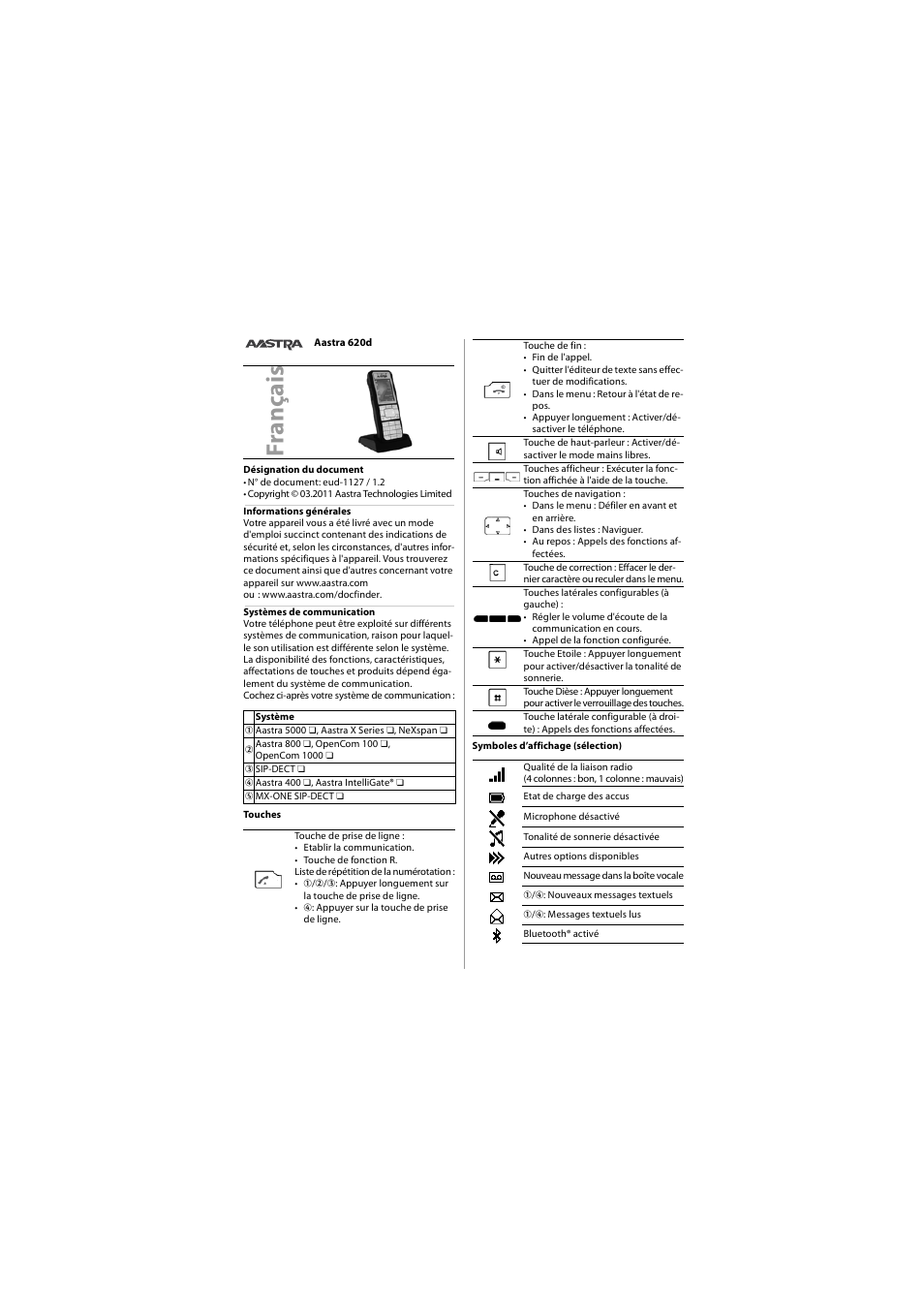 Français, Fra n ça is | AASTRA 620d for Aastra 400 Quick User Guide User Manual | Page 6 / 30