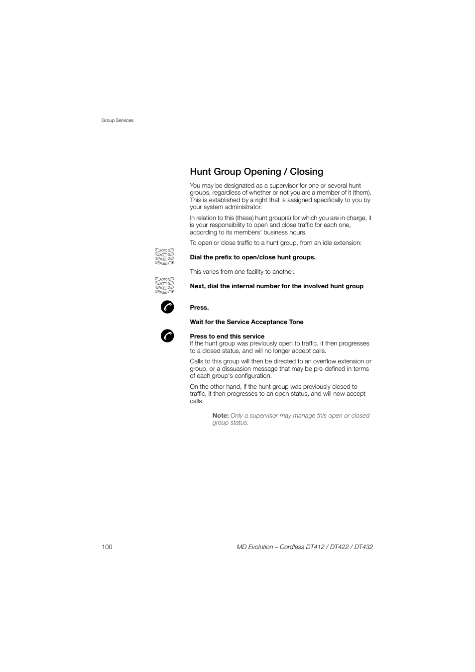 Hunt group opening / closing | AASTRA DT4x2 for MD Evolution User Guide EN User Manual | Page 100 / 166