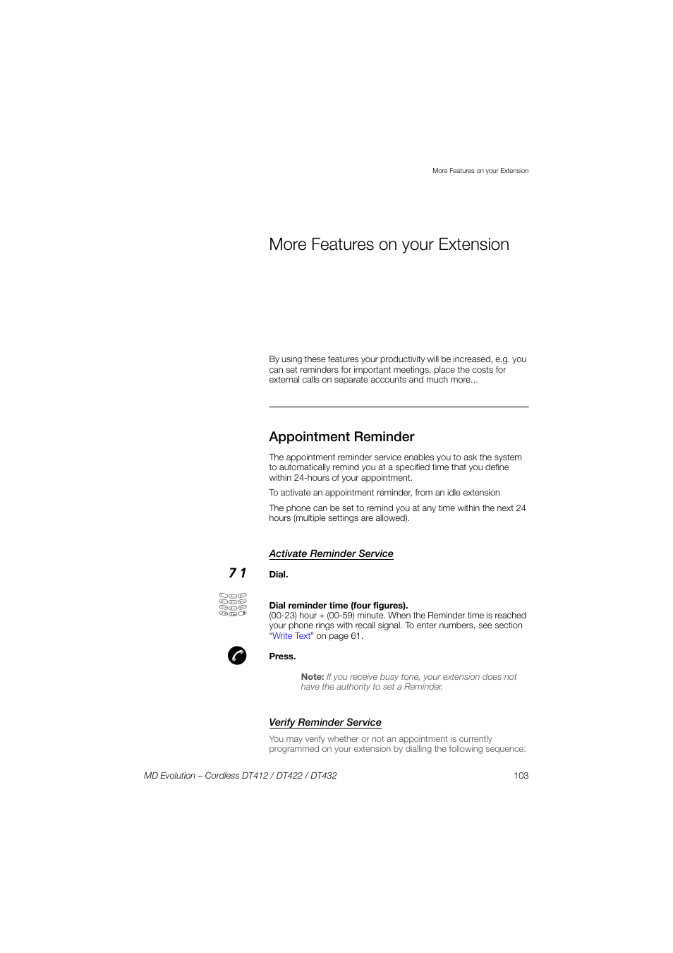 More features on your extension, Appointment reminder, Activate reminder service | Verify reminder service | AASTRA DT4x2 for MD Evolution User Guide EN User Manual | Page 103 / 166