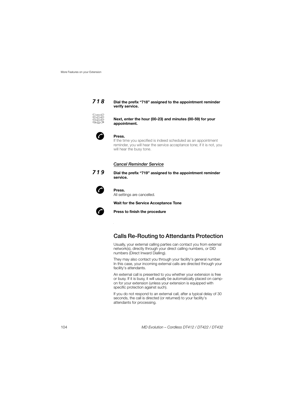 Cancel reminder service, Calls re-routing to attendants protection | AASTRA DT4x2 for MD Evolution User Guide EN User Manual | Page 104 / 166