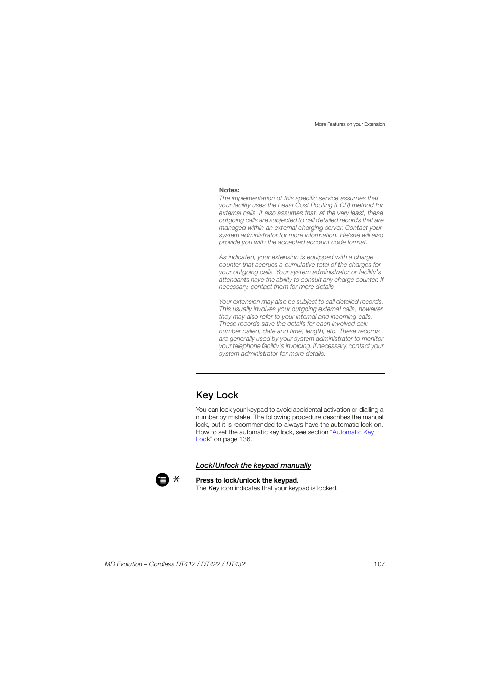 Key lock, Lock/unlock the keypad manually | AASTRA DT4x2 for MD Evolution User Guide EN User Manual | Page 107 / 166