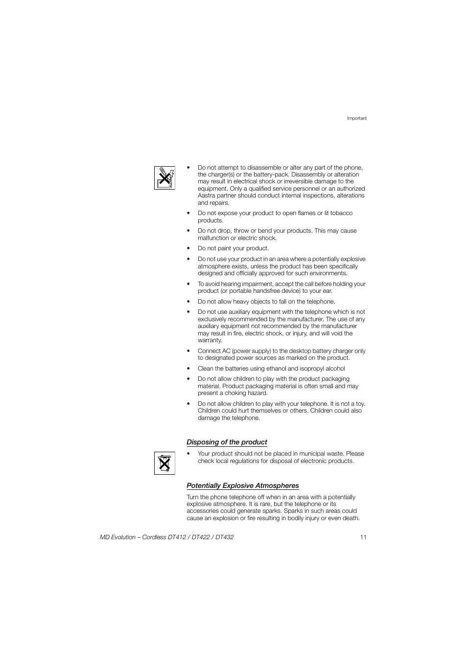 Disposing of the product, Potentially explosive atmospheres | AASTRA DT4x2 for MD Evolution User Guide EN User Manual | Page 11 / 166