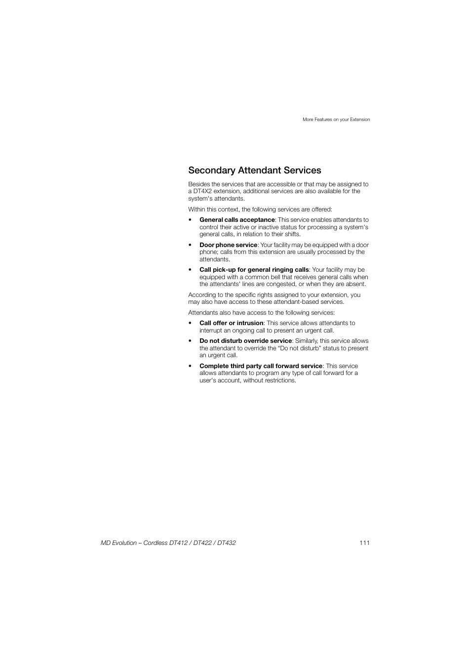 Secondary attendant services | AASTRA DT4x2 for MD Evolution User Guide EN User Manual | Page 111 / 166