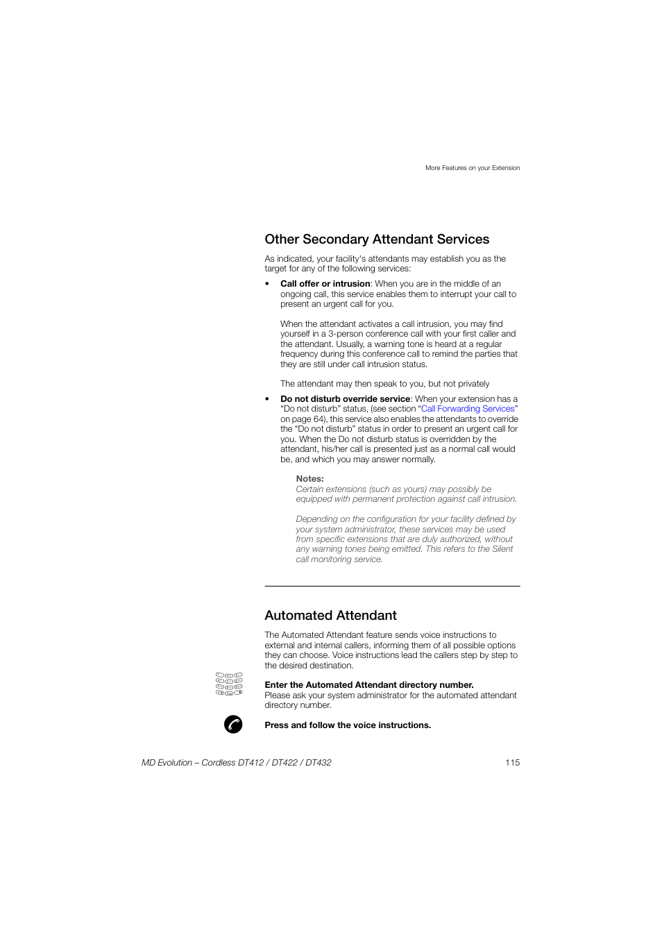 Other secondary attendant services, Automated attendant | AASTRA DT4x2 for MD Evolution User Guide EN User Manual | Page 115 / 166