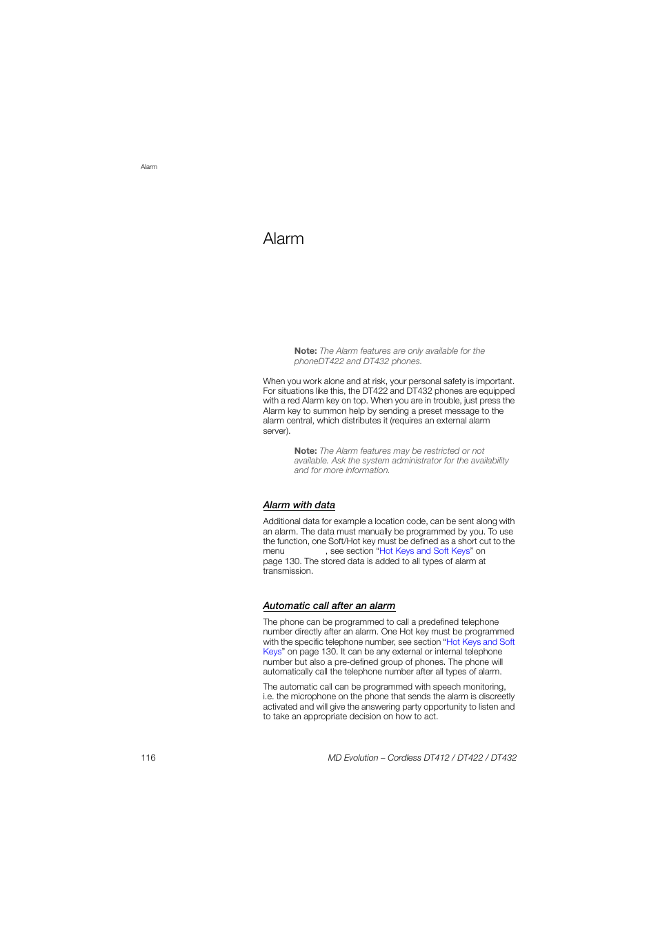 Alarm, Alarm with data, Automatic call after an alarm | On. see section | AASTRA DT4x2 for MD Evolution User Guide EN User Manual | Page 116 / 166