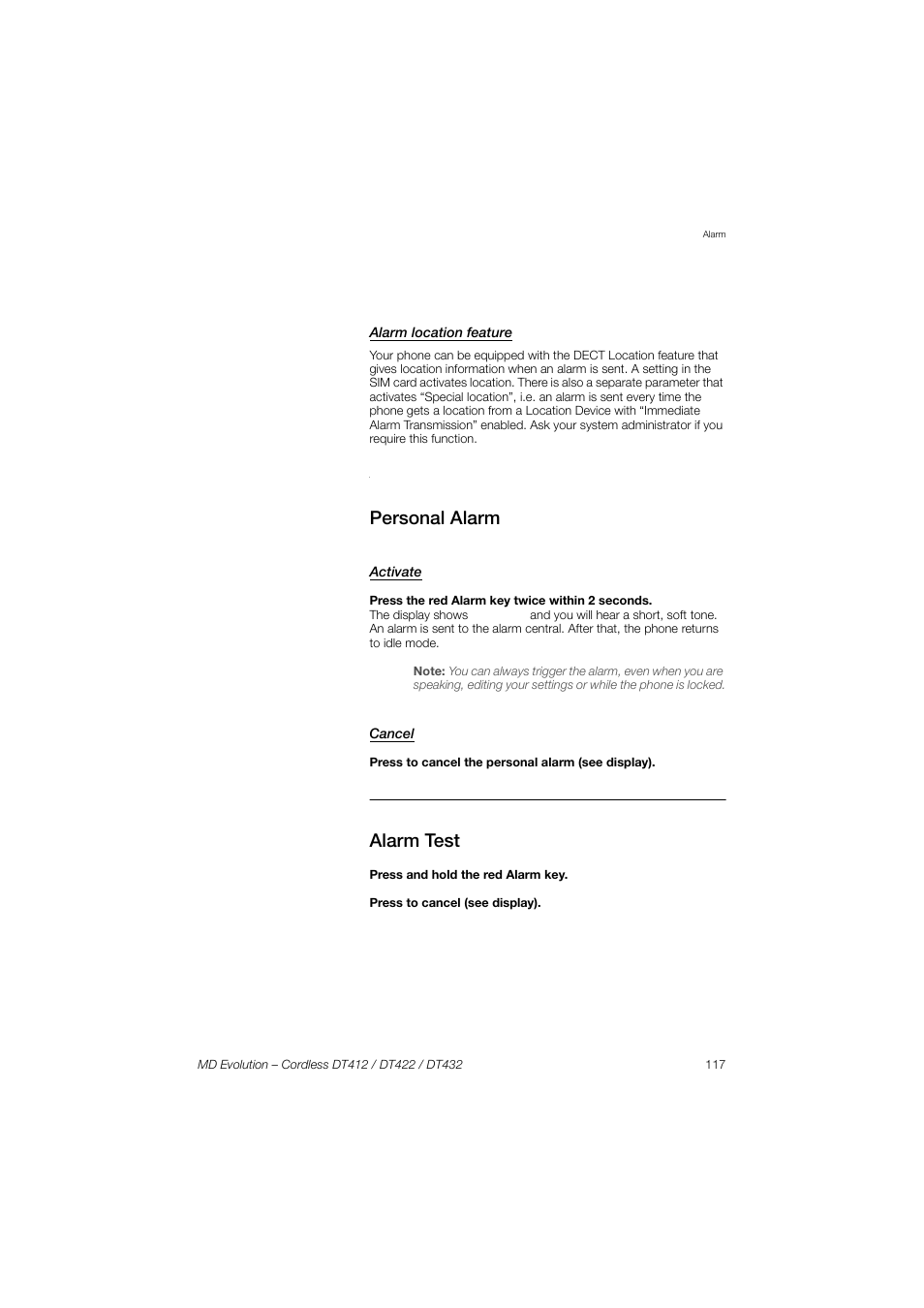 Alarm location feature, Personal alarm, Activate | Cancel, Alarm test | AASTRA DT4x2 for MD Evolution User Guide EN User Manual | Page 117 / 166