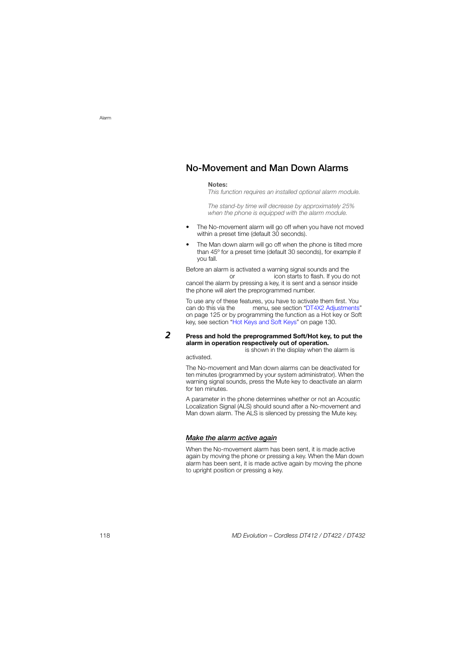No-movement and man down alarms, Make the alarm active again | AASTRA DT4x2 for MD Evolution User Guide EN User Manual | Page 118 / 166