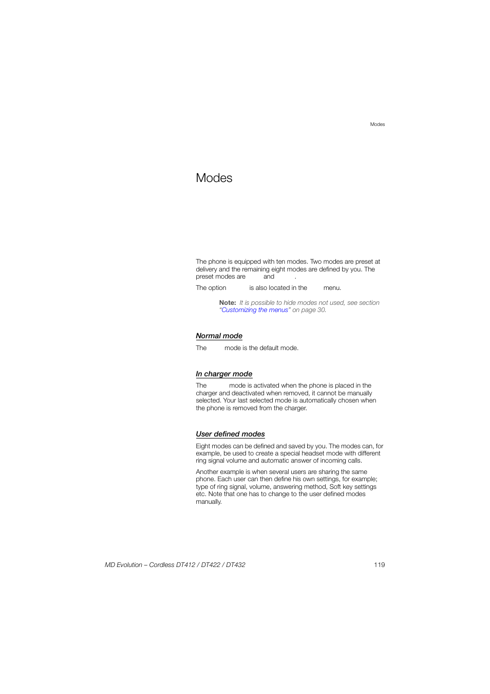 Modes, Normal mode, In charger mode | User defined modes | AASTRA DT4x2 for MD Evolution User Guide EN User Manual | Page 119 / 166