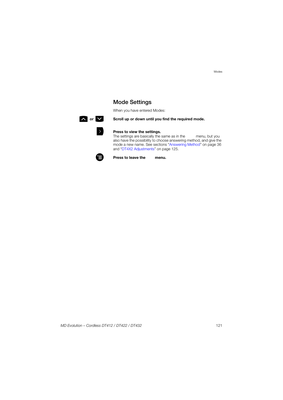 Mode settings | AASTRA DT4x2 for MD Evolution User Guide EN User Manual | Page 121 / 166