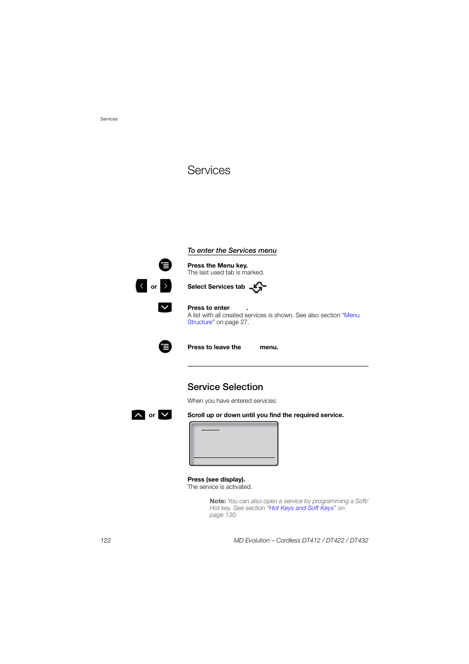 Services, To enter the services menu, Service selection | AASTRA DT4x2 for MD Evolution User Guide EN User Manual | Page 122 / 166