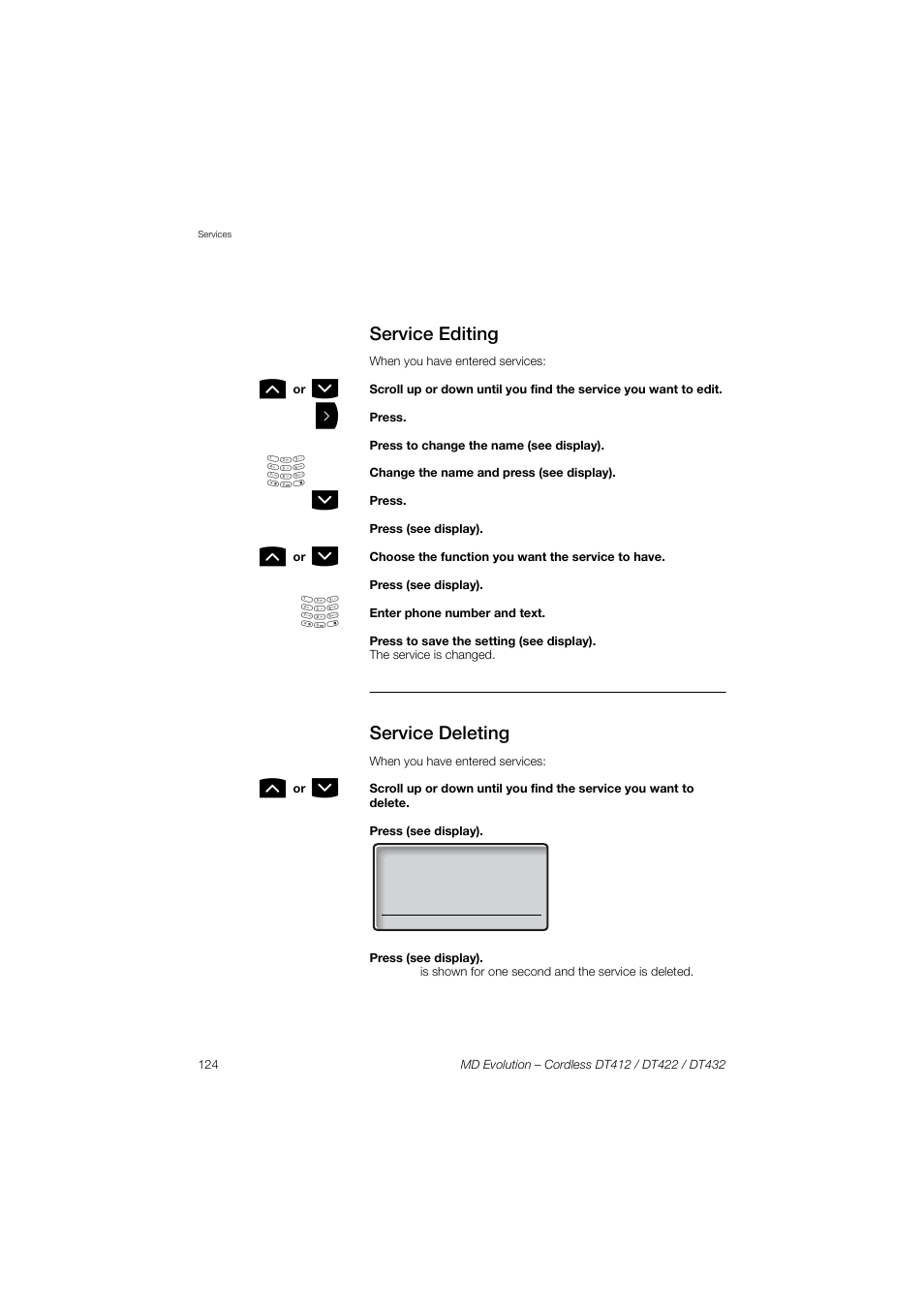 Service editing, Service deleting | AASTRA DT4x2 for MD Evolution User Guide EN User Manual | Page 124 / 166