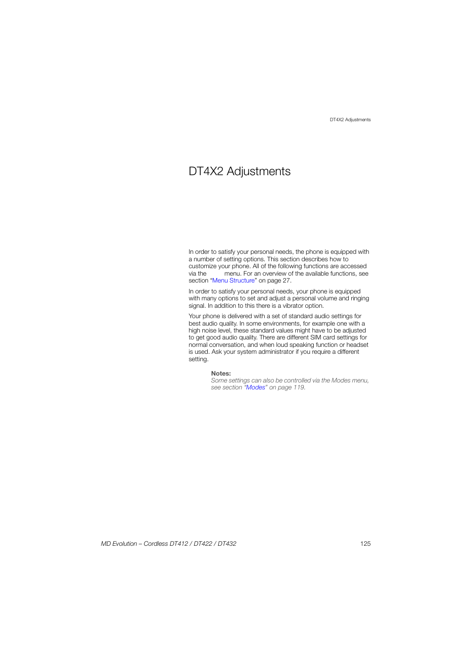 Dt4x2 adjustments, Section, Dt4x2 | Adjustments, Ction | AASTRA DT4x2 for MD Evolution User Guide EN User Manual | Page 125 / 166