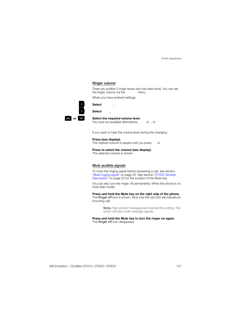 Ringer volume, Mute audible signals | AASTRA DT4x2 for MD Evolution User Guide EN User Manual | Page 127 / 166