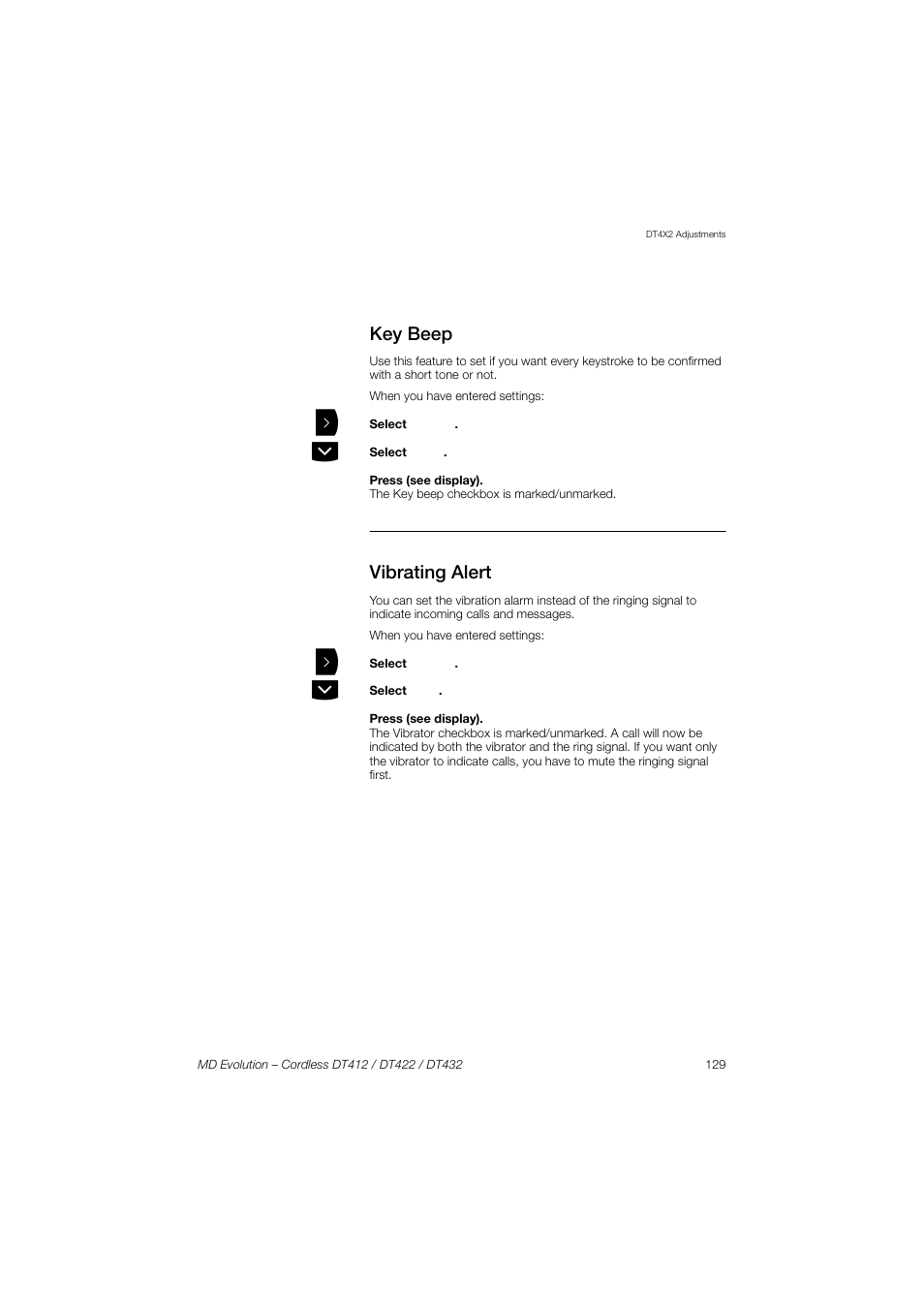 Key beep, Vibrating alert | AASTRA DT4x2 for MD Evolution User Guide EN User Manual | Page 129 / 166