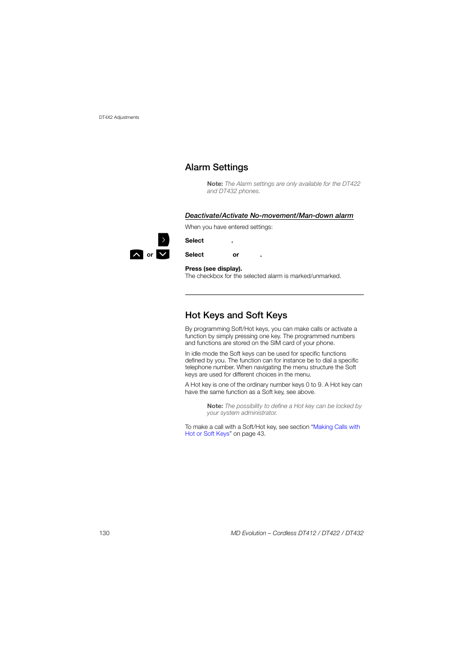 Alarm settings, Deactivate/activate no-movement/man-down alarm, Hot keys and soft keys | Ction, Hot keys and soft, Keys, Ection | AASTRA DT4x2 for MD Evolution User Guide EN User Manual | Page 130 / 166
